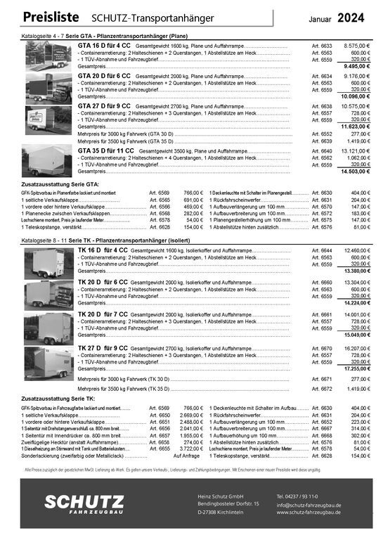 Schutz Preisliste Transportanhänger